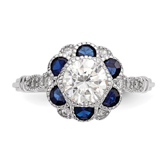 Sterling Silver Rhodium-plated CZ and Synthetic Blue Sapphire Flower Ring - Picture 3 of 6